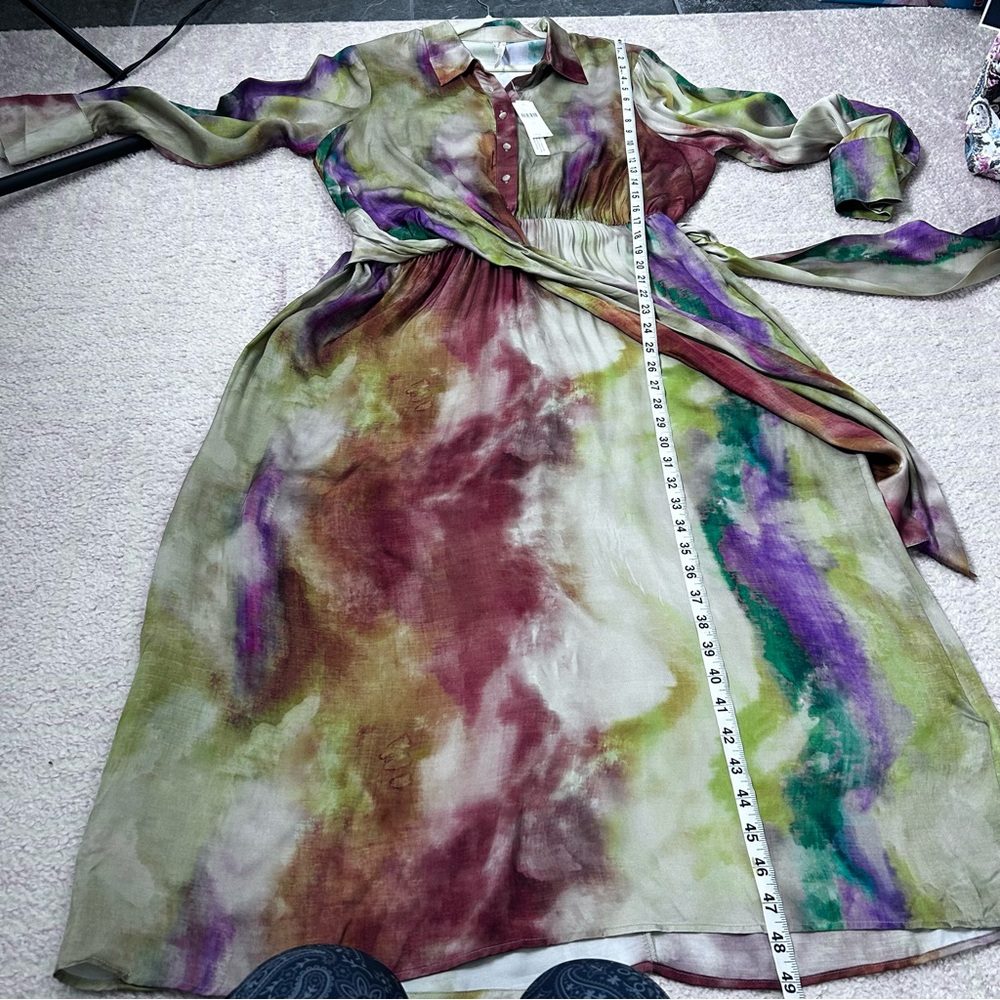 NWT Anthropologie Multicolor Midi Long Sleeve Tie Front Shirt Dress Size Large - Picture 11 of 15